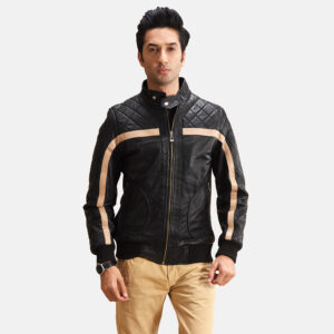 Mens Black Quilted Leather Bomber Jacket
