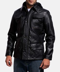 Mens Moulder Hooded Black Leather Jacket