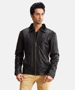 Men Black Basic Collar Leather Jacket