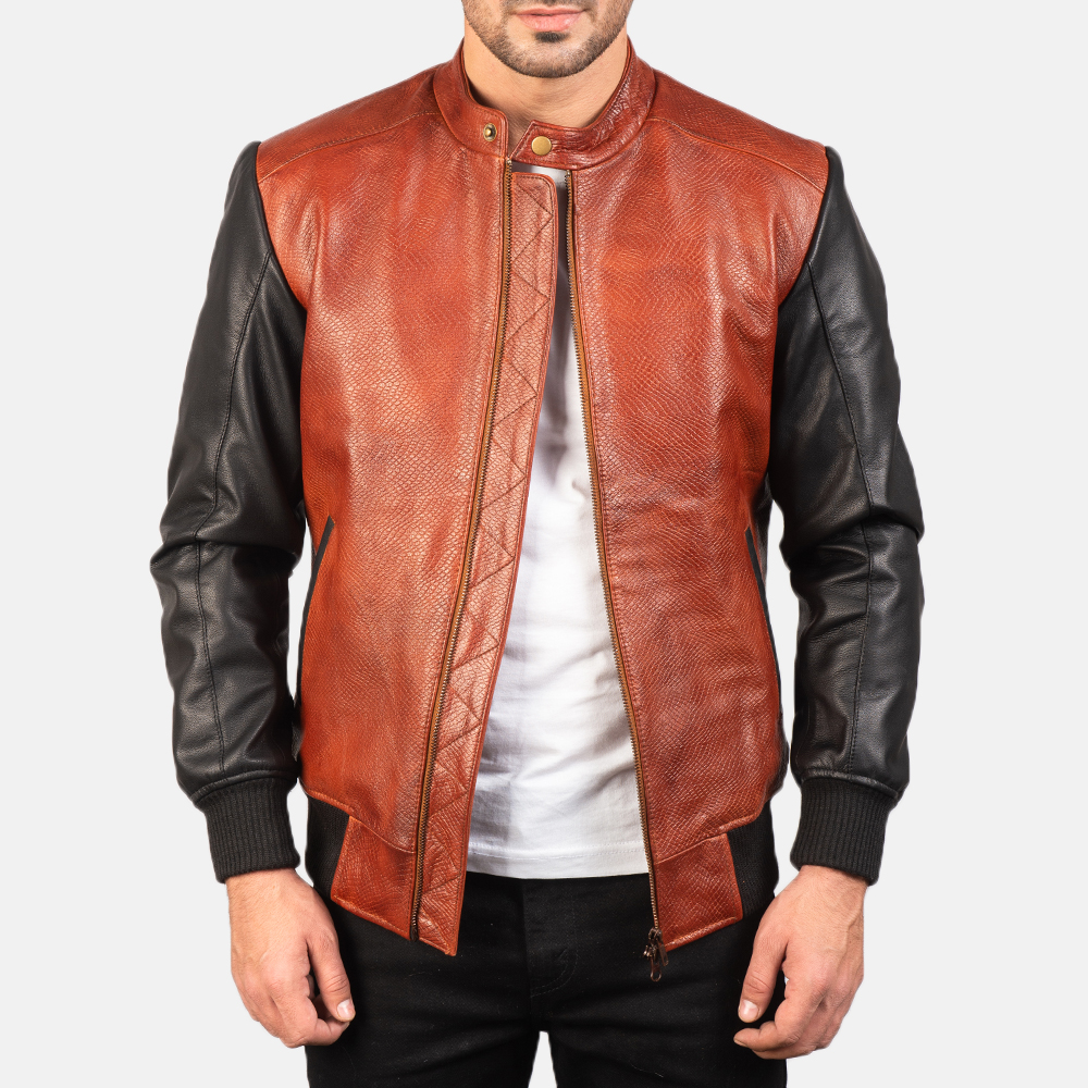 Men's Avan Black & Maroon Leather Bomber Jacket