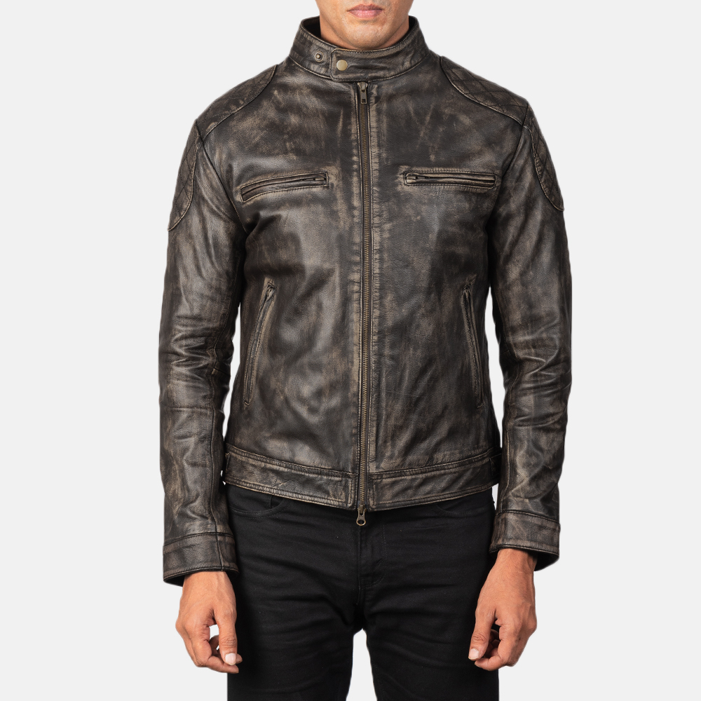Men's Gatsby Distressed Brown Leather Biker Jacket - Image 4