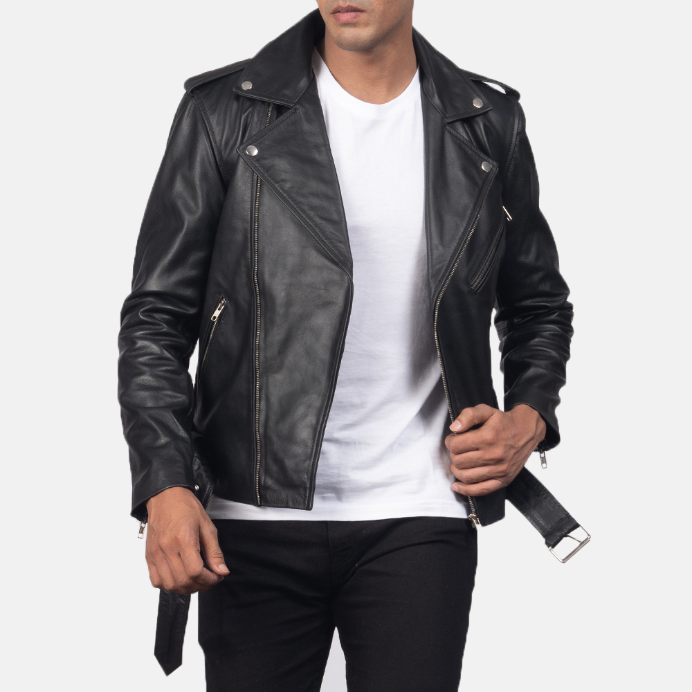 Men's Allaric Alley Black Leather Biker Jacket - Image 4